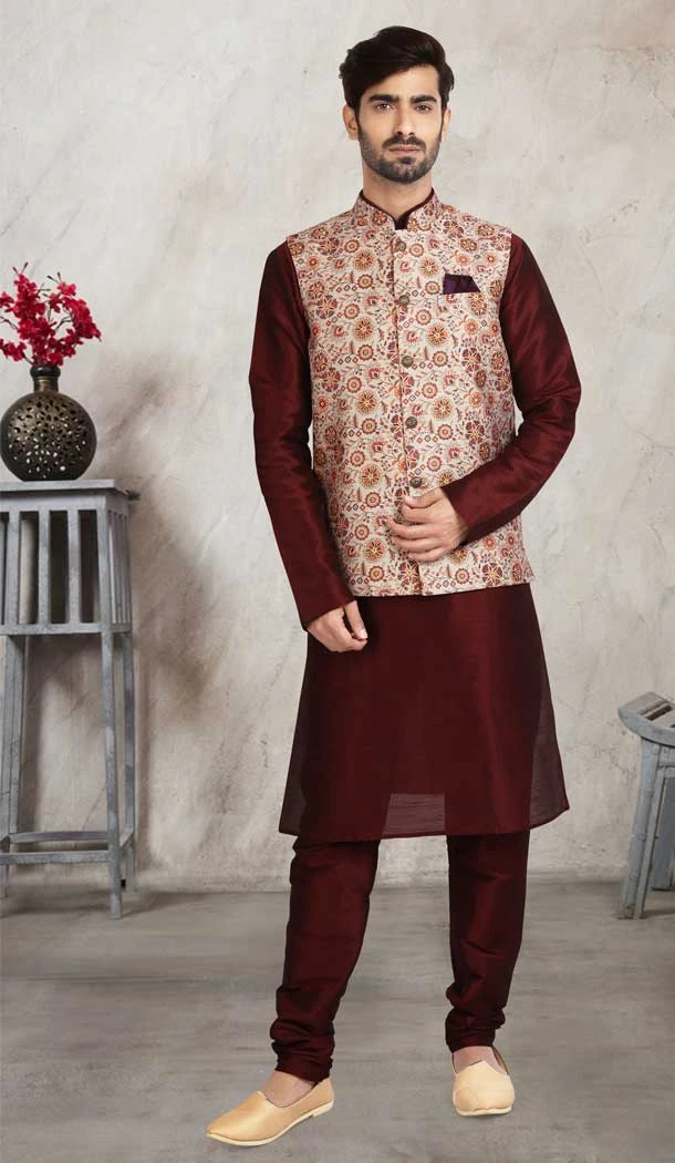 Traditional Wear Maroon Color Art Silk Printed Work Men's Kurta Pajama With Jacket -5081159681