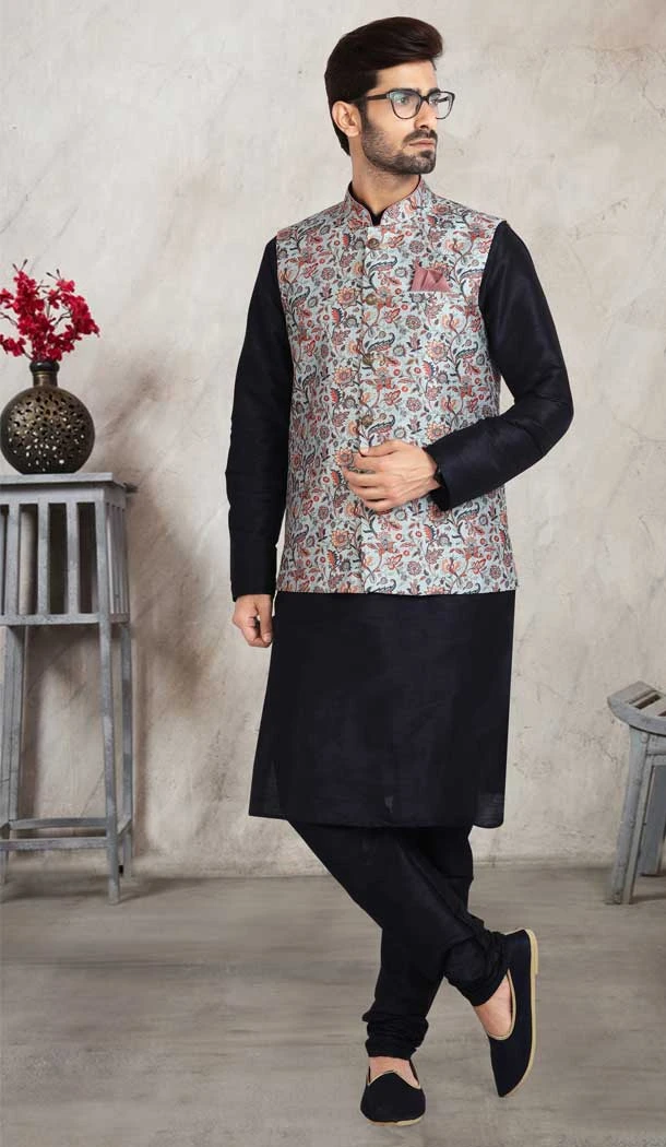 Art Silk Black Color Printed Work Men's Kurta Pajama With Jacket -5081159683