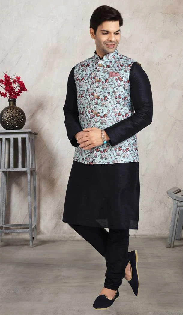 Printed Work Black Color Art Silk Men's Kurta Pajama With Jacket -5081159684