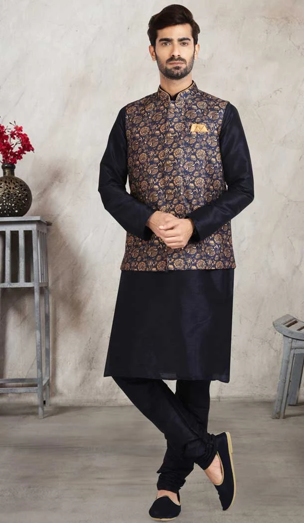 Traditional Wear Black Color Art Silk Printed Work Men's Kurta Pajama With Jacket -5081159685