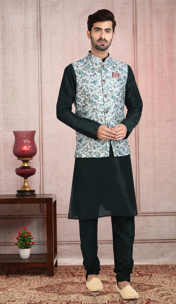 Art Silk Green Color Printed Work Men's Kurta Pajama With Jacket -5081159687