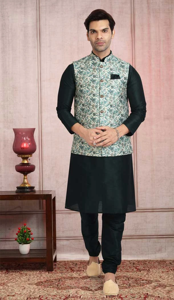 Printed Work Green Color Art Silk Men's Kurta Pajama With Jacket -5081159688