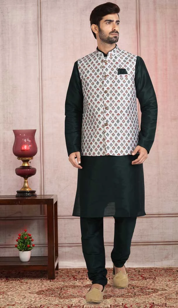 Traditional Wear Green Color Art Silk Printed Work Men's Kurta Pajama With Jacket -5081159689