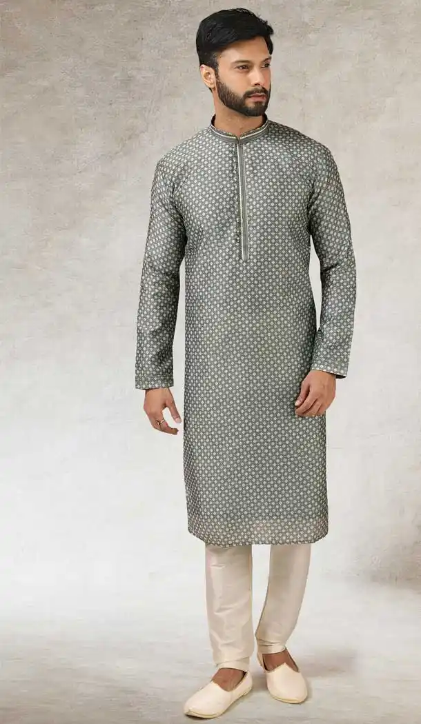Grey Color Art Silk Printed Work Traditional Wear Men's Kurta Pajama -508219697