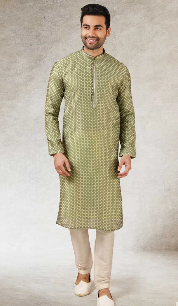 Art Silk Green Color Printed Work Traditional Wear Men's Kurta Pajama -508219698