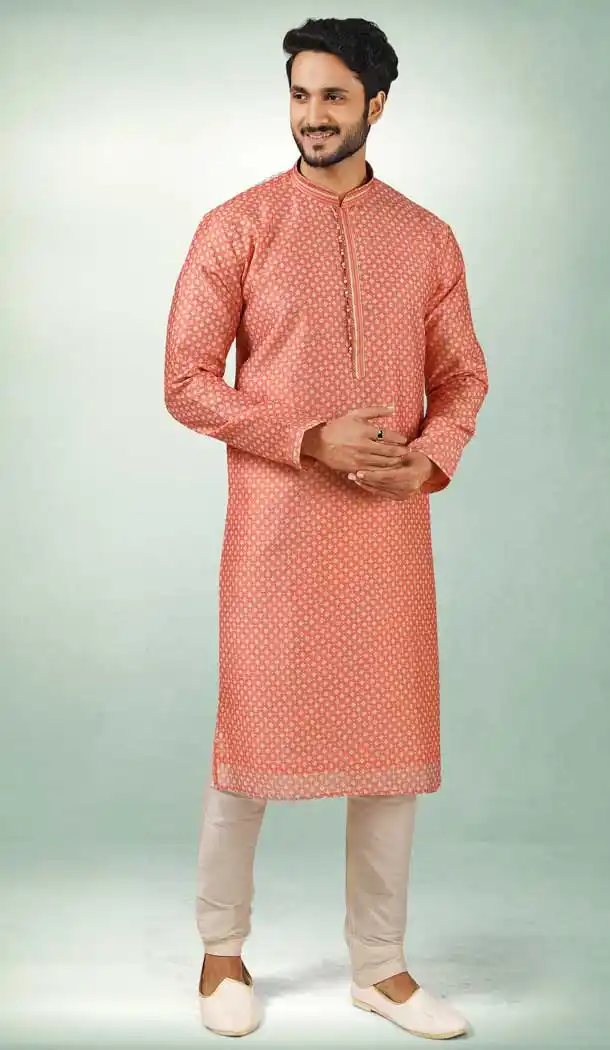 Peach Color Art Silk Printed Work Traditional Wear Men's Kurta Pajama -508219699