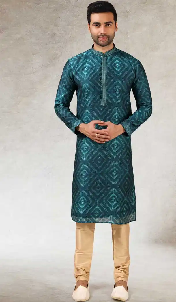 Teal Green Color Art Silk Printed Work Traditional Wear Men's Kurta Pajama -508219702
