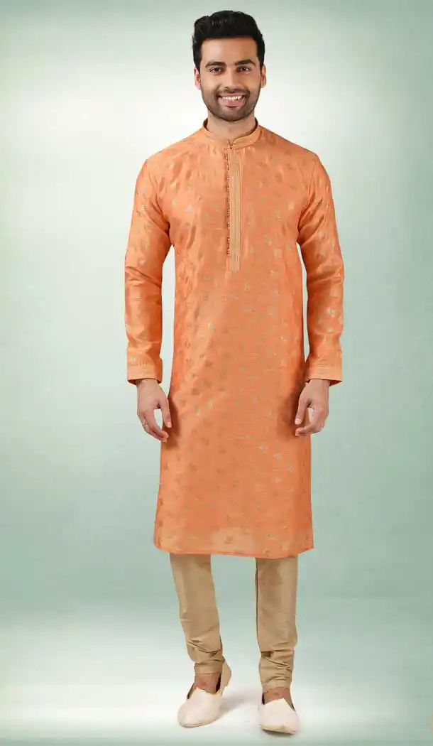 Orange Color Art Silk Printed Work Traditional Wear Men's Kurta Pajama -508219704