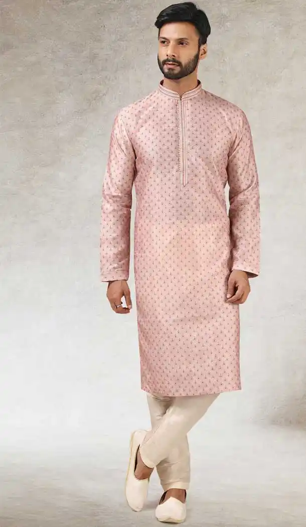 Light Pink Color Art Silk Printed Work Traditional Wear Men's Kurta Pajama -508219706