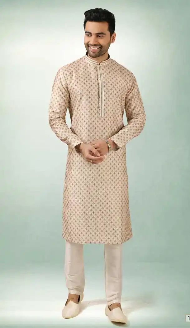 Cream Color Art Silk Printed Work Traditional Wear Men's Kurta Pajama -508219707