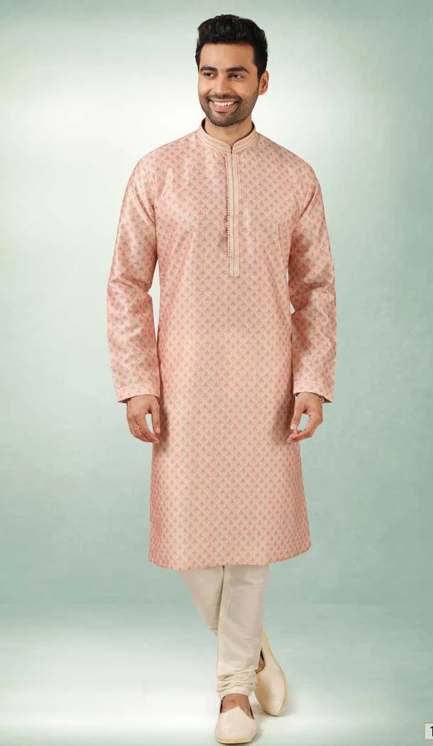 Art Silk Peach Color Printed Work Traditional Wear Men's Kurta Pajama -508219708