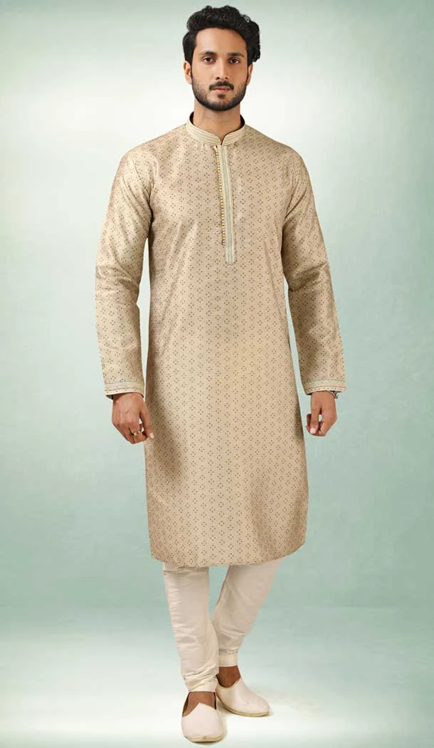 Beige Color Art Silk Printed Work Traditional Wear Men's Kurta Pajama -508219710