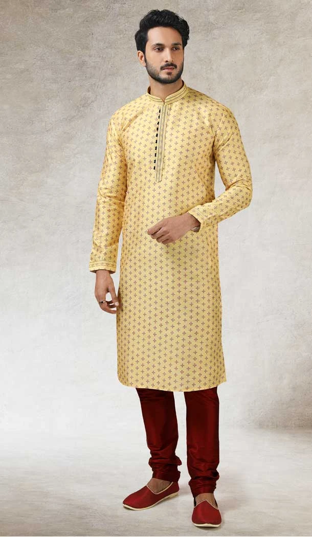 Yellow Color Art Silk Printed Work Traditional Wear Men's Kurta Pajama -508219711