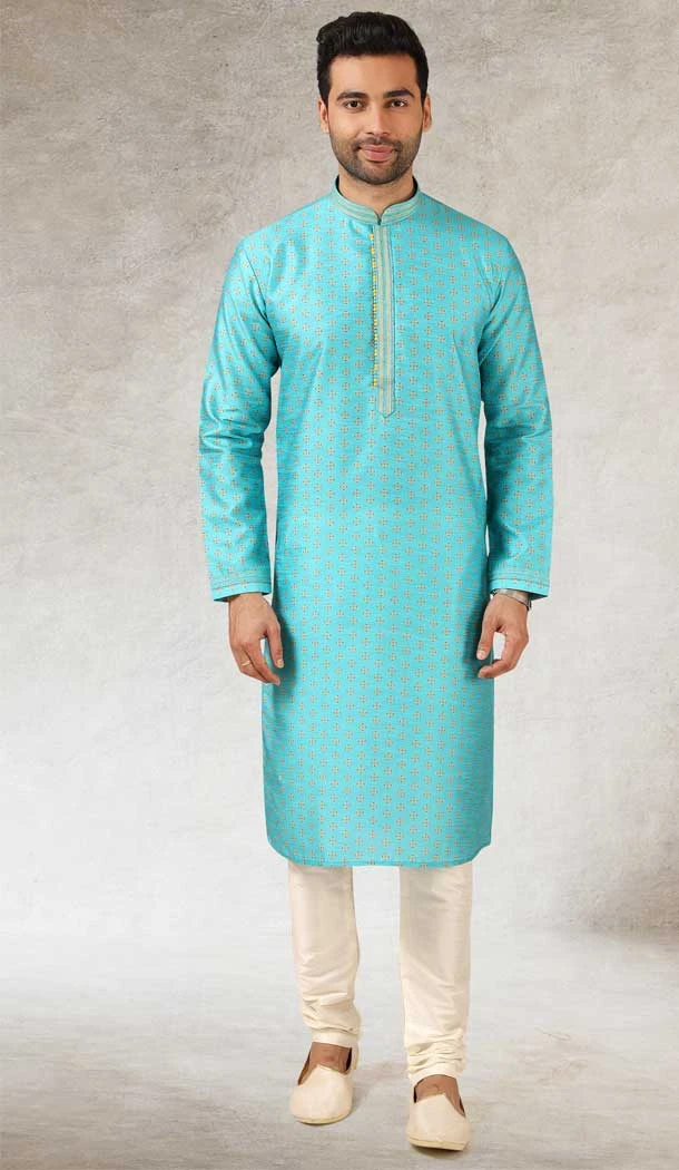 Art Silk Blue Color Printed Work Traditional Wear Men's Kurta Pajama -508219713