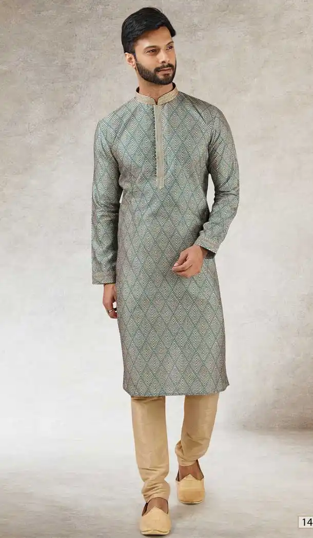 Traditional Wear Green Color Art Silk Printed Work Men's Kurta Pajama -508219716