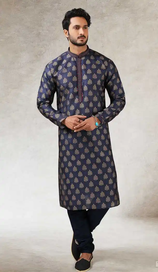 Navy Blue Color Art Silk Printed Work Traditional Wear Men's Kurta Pajama -508219721