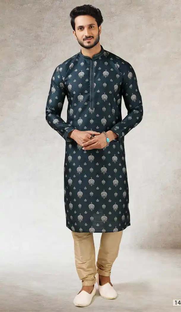 Teal Blue Color Art Silk Printed Work Traditional Wear Men's Kurta Pajama -508219723