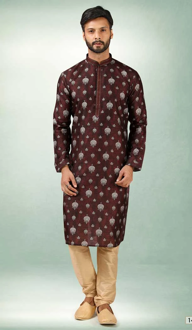 Art Silk Brown Color Printed Work Traditional Wear Men's Kurta Pajama -508219724