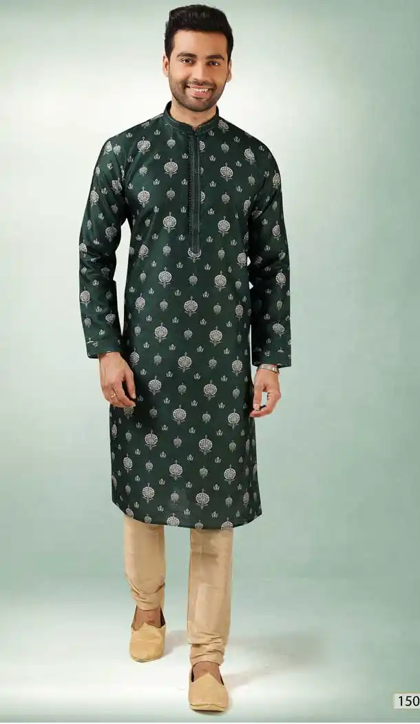 Green Color Traditional Wear  Art Silk Printed Work Men's Kurta Pajama -508219725