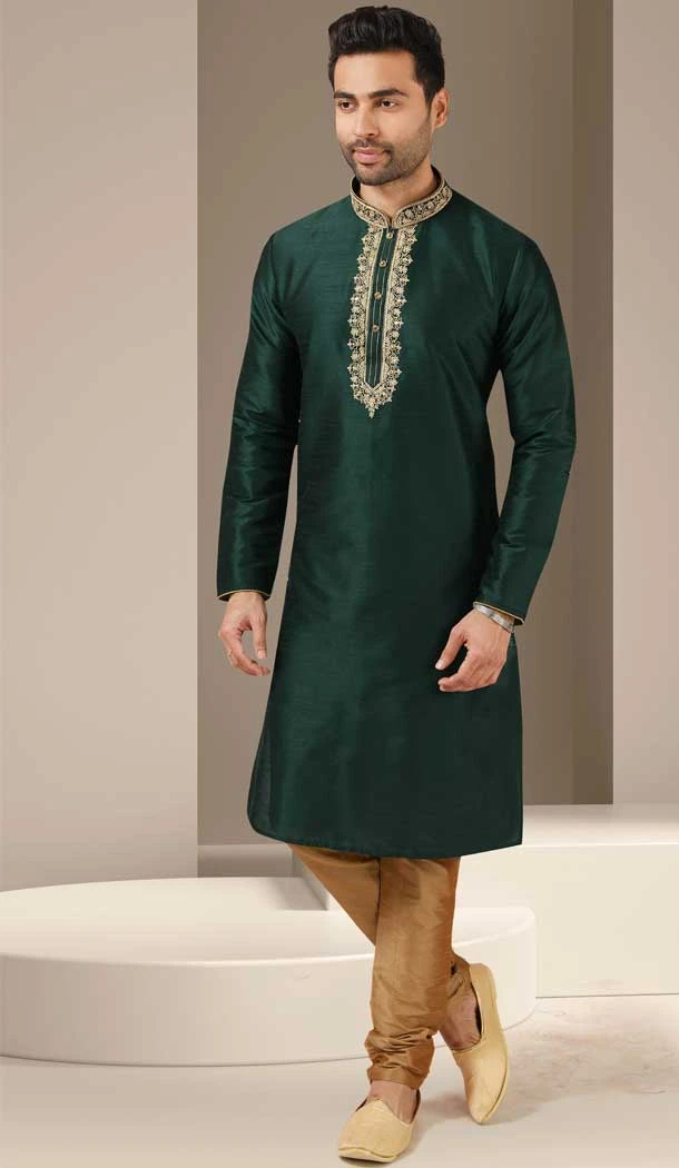 Banarasi Art Silk Dark Green Colo Mirror Work Traditional Wear Men's Kurta Pajama -5083159741