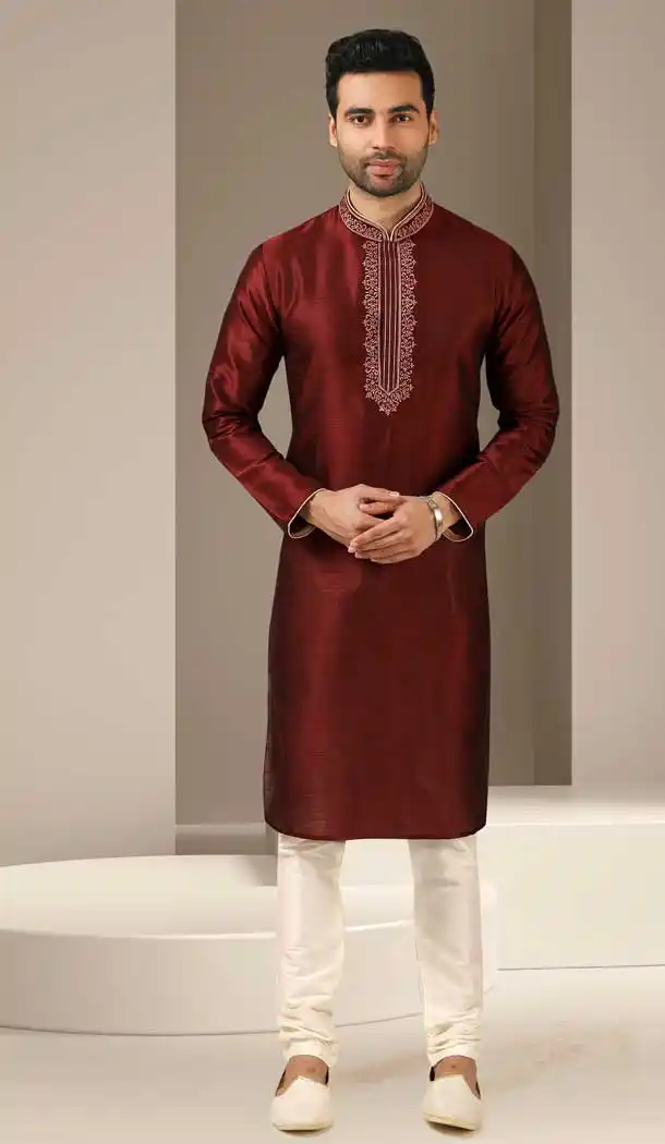 Maroon Color Banarasi Art Silk Mirror Work Traditional Wear Men's Kurta Pajama -5083159748