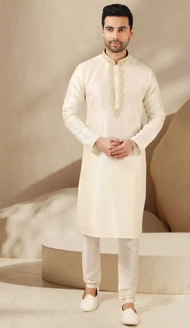 Cream Color Banarasi Art Silk Mirror Work Traditional Wear Men's Kurta Pajama -5083159750