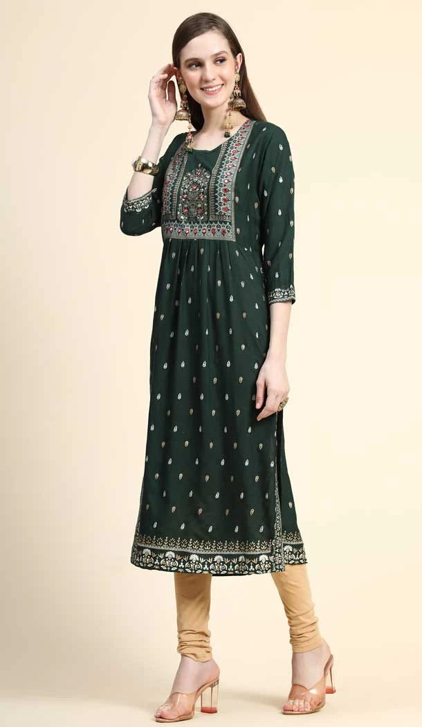 Green Color Rayon Foil With Mirror Work Party Wear Readymade Kurti-5089159780