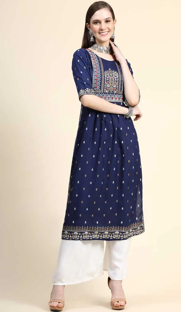 Navy Blue Color Rayon Foil With Mirror Work Party Wear Readymade Kurti-5089159781