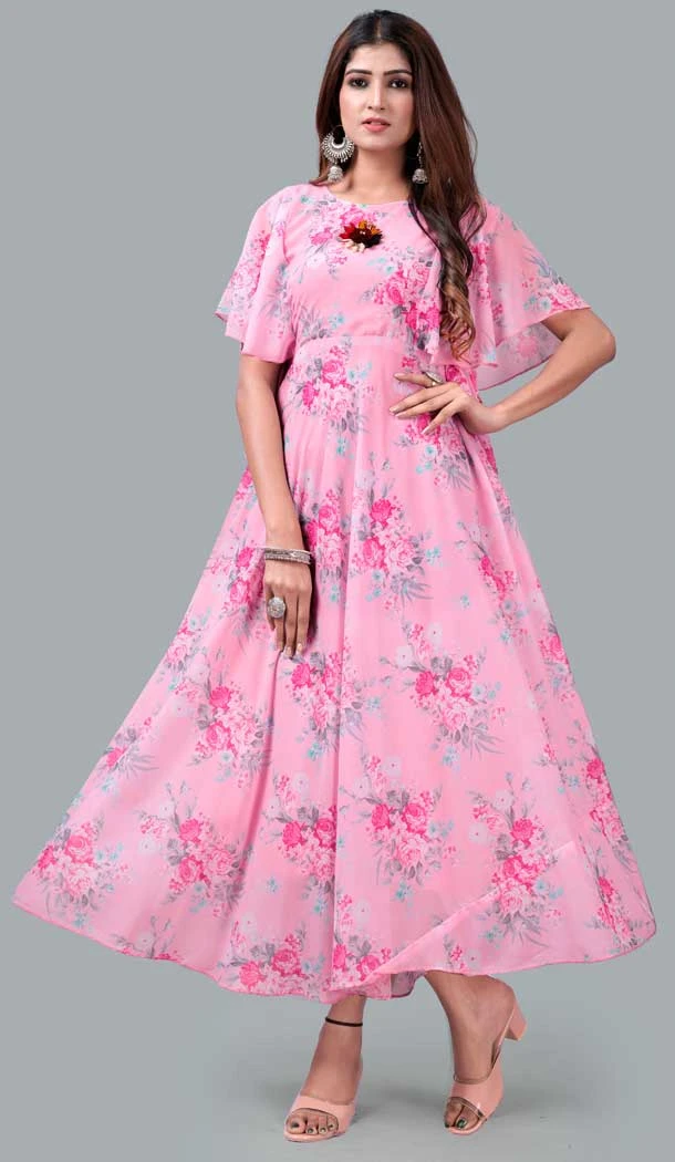 Pink Color Georgette Digital Print Work Readymade Gown Dress -5090159784
