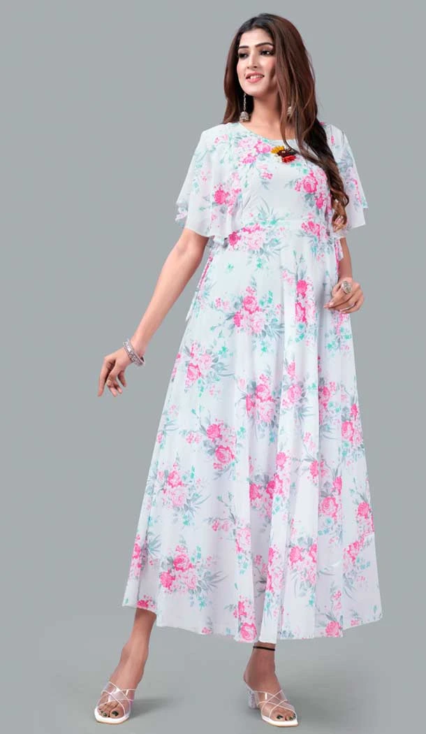 White Color Georgette Digital Print Work Readymade Gown Dress -5090159785