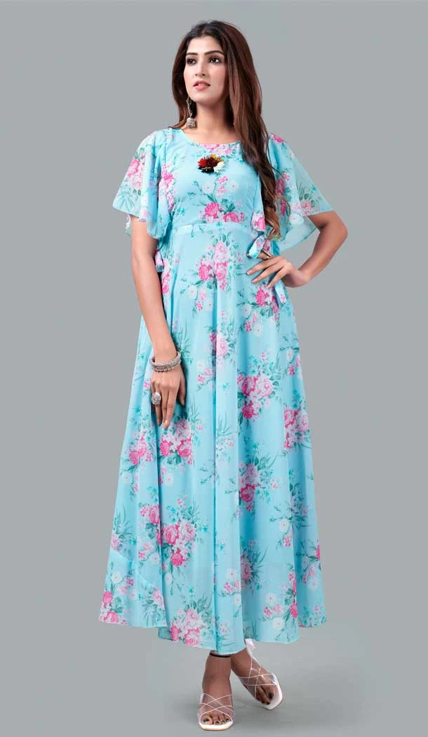 Sky Blue Color Georgette Digital Print Work Readymade Gown Dress -5090159786