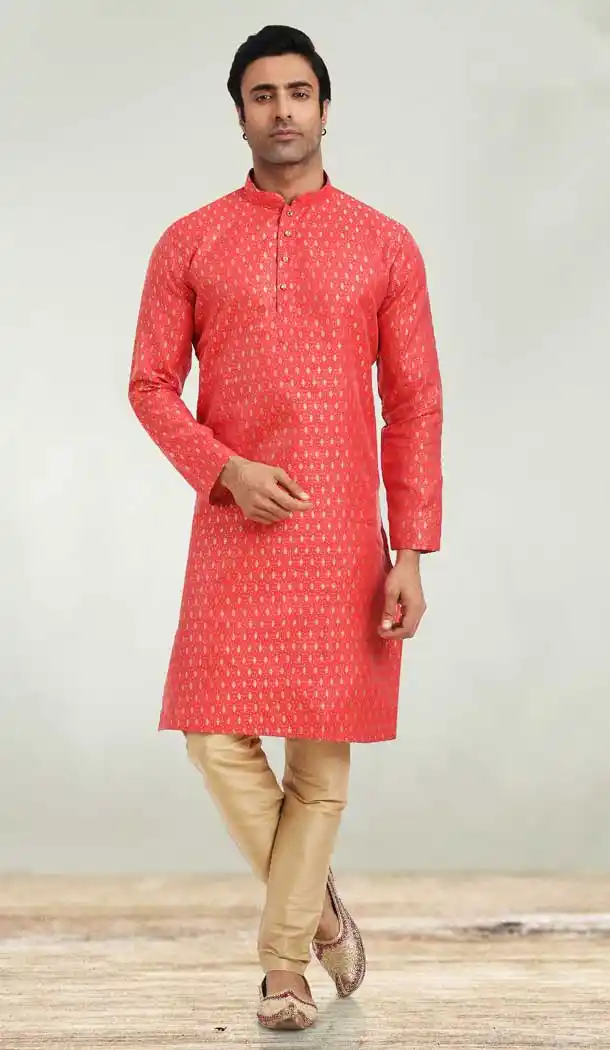Gajari Color Jacquard Butti Work Function Wear Designer Men's Kurta Pajama -5091159789