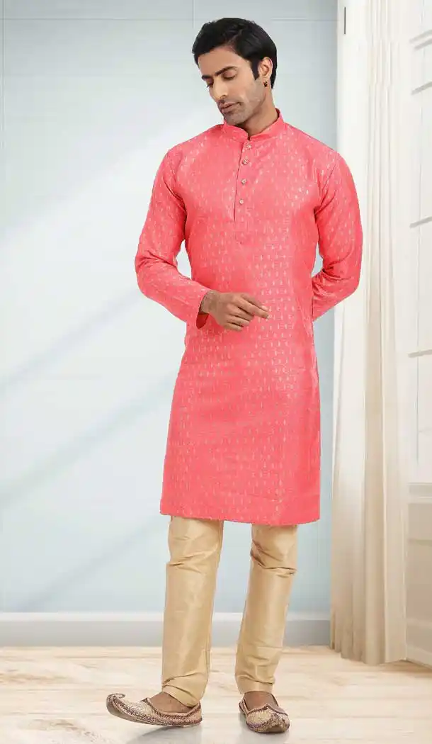 Light Pink Color Jacquard Butti Work Function Wear Designer Men's Kurta Pajama -5091159791