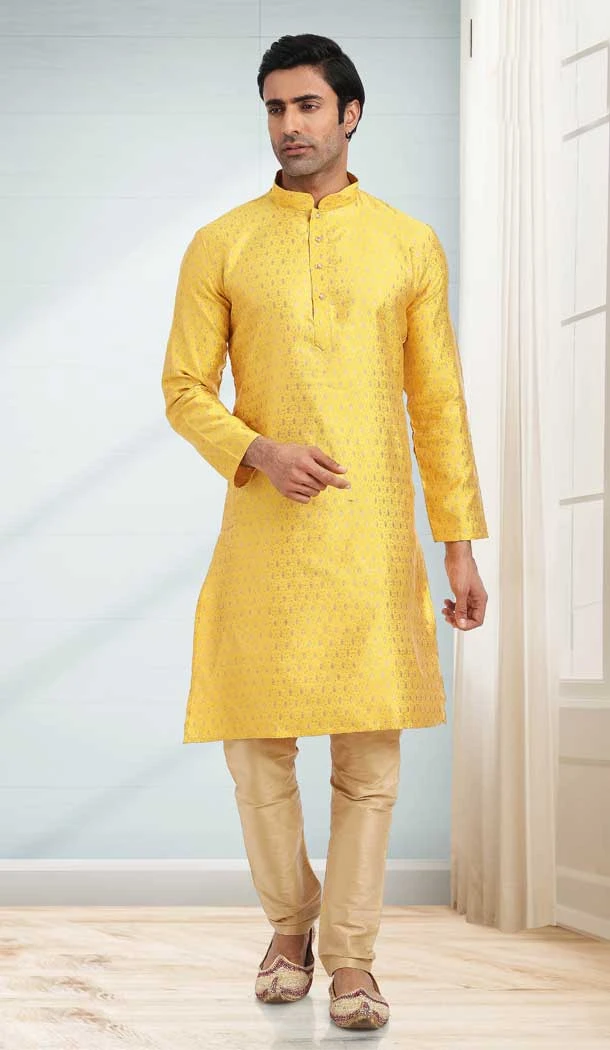 Yellow Color Jacquard Butti Work Function Wear Designer Men's Kurta Pajama -5091159793
