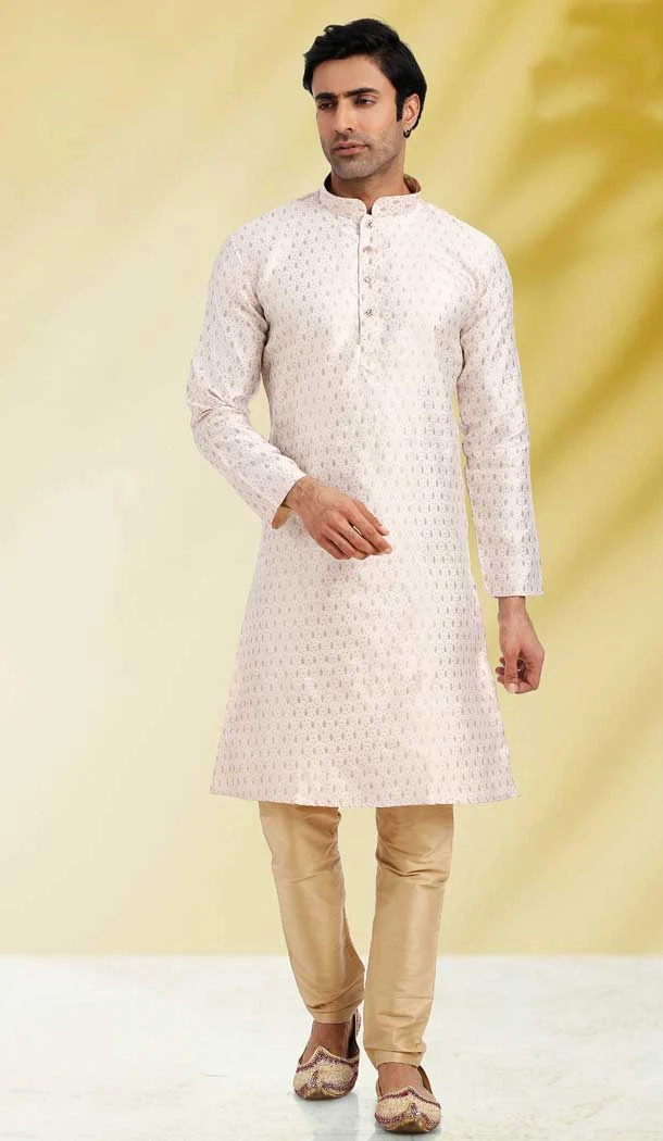 White Color Jacquard Butti Work Function Wear Designer Men's Kurta Pajama -5091159794
