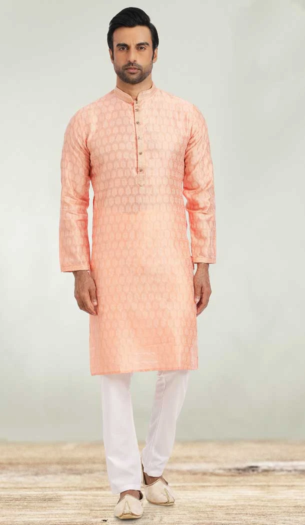 Peach Color Jacquard Symbol Design Work Party Wear Men's Kurta Pajama -5092159796
