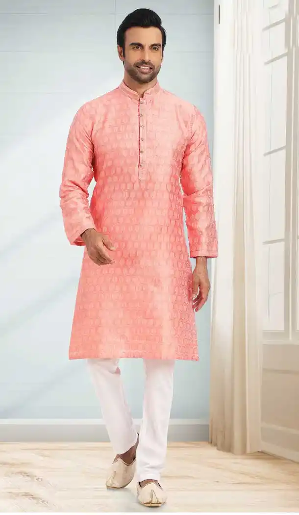 Light Pink Color Jacquard Symbol Design Work Party Wear Men's Kurta Pajama -5092159797