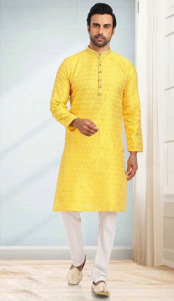 Yellow Color Jacquard Symbol Design Work Party Wear Men's Kurta Pajama -5092159801