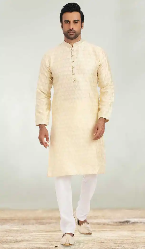 Cream Color Jacquard Symbol Design Work Party Wear Men's Kurta Pajama -5092159803