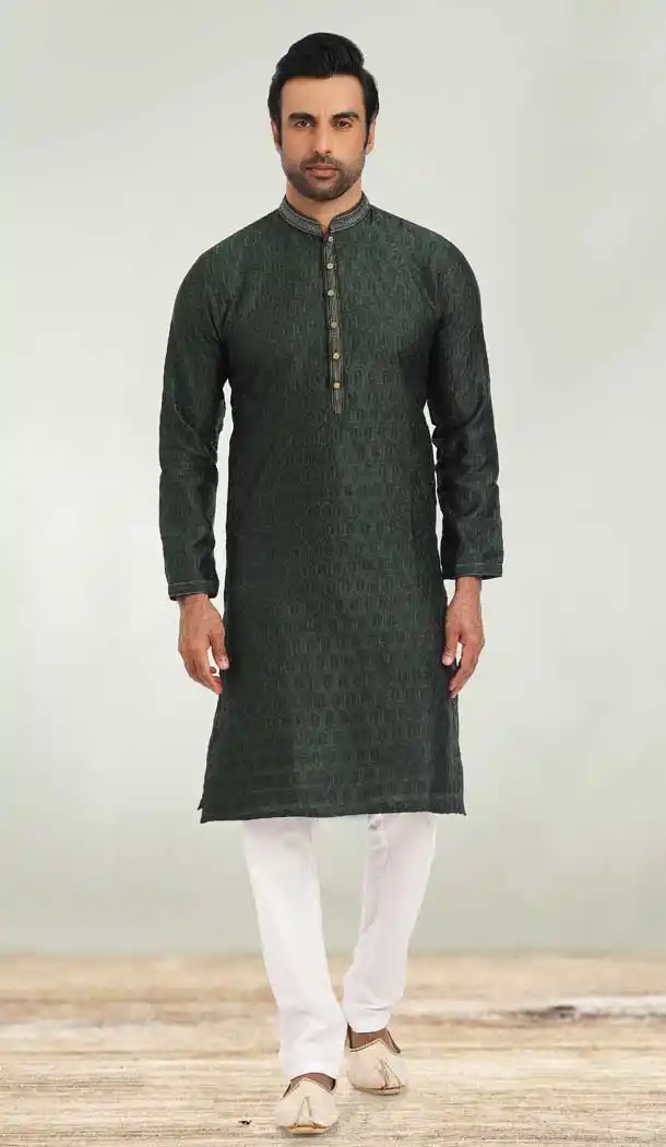 Green Color Jacquard Symbol Design Work Party Wear Men's Kurta Pajama -5092159806