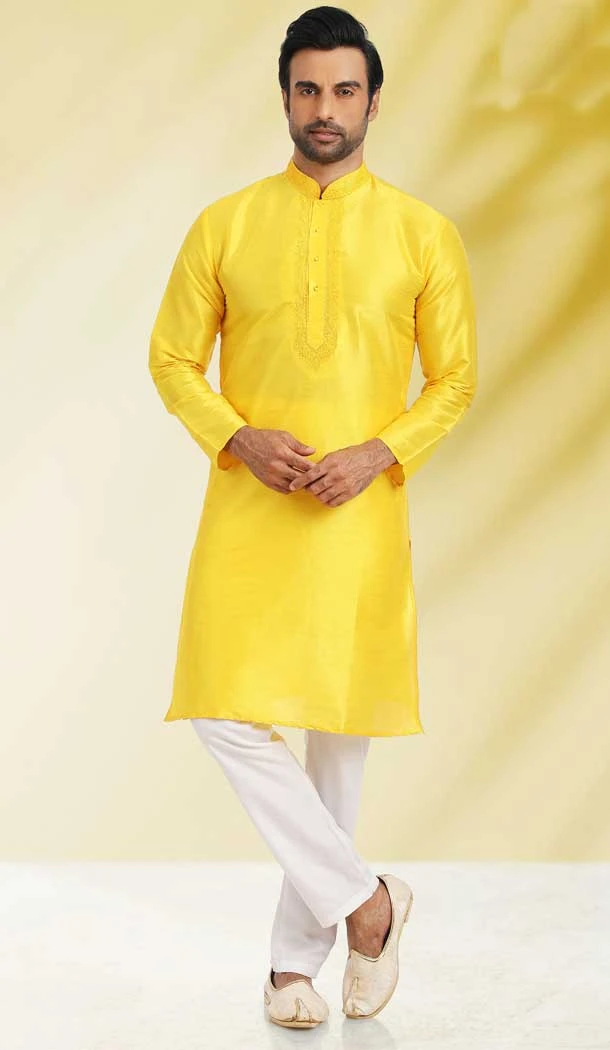 Yellow Color Silk Embroidery Work Function Wear Men's Kurta Pajama -5093159807