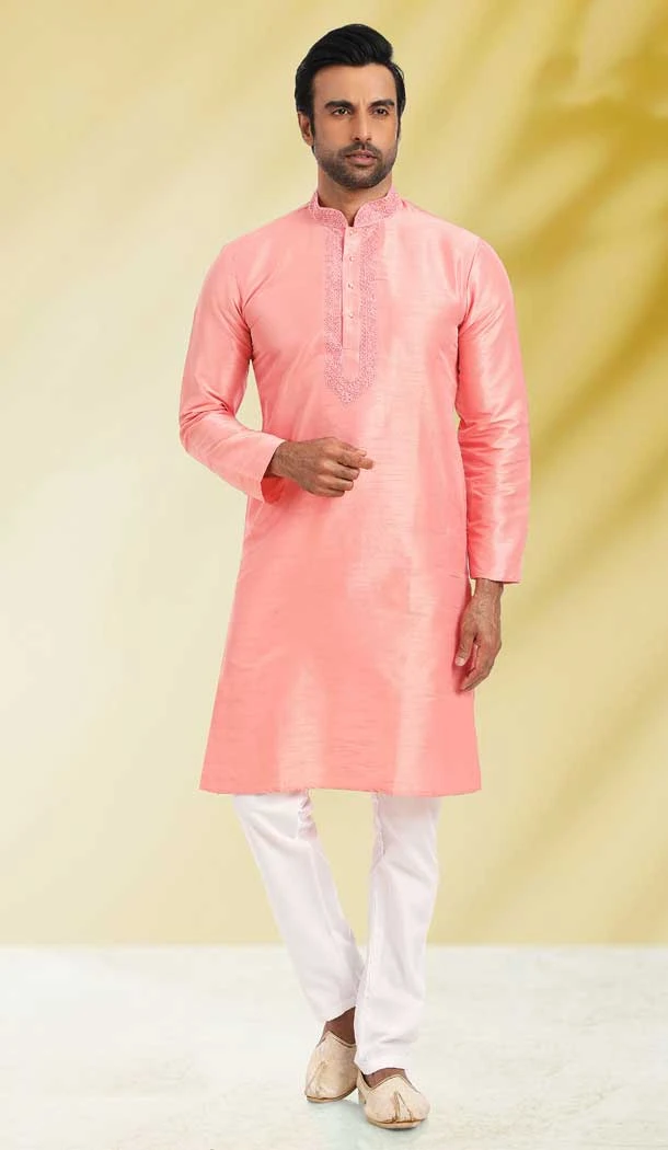 Peach Color Silk Embroidery Work Function Wear Men's Kurta Pajama -5093159810