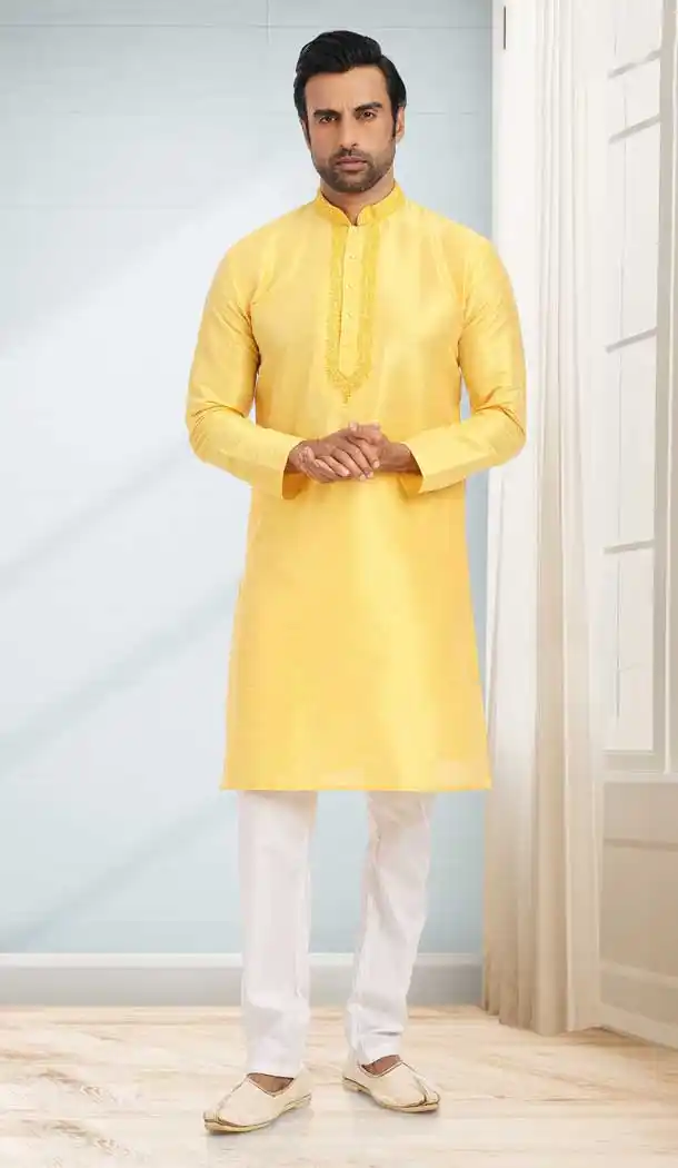 Embroidery Work Yellow Color Silk Function Wear Men's Kurta Pajama -5093159811