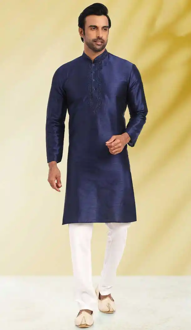 Navy Blue Color Silk Embroidery Work Function Wear Men's Kurta Pajama -5093159813
