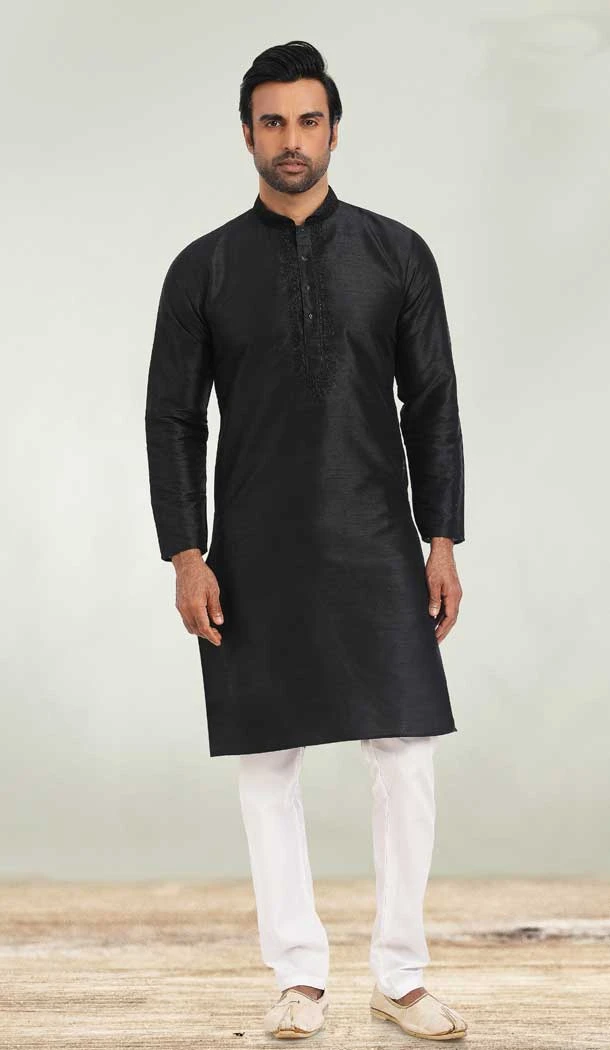 Black Color Silk Embroidery Work Function Wear Men's Kurta Pajama -5093159814