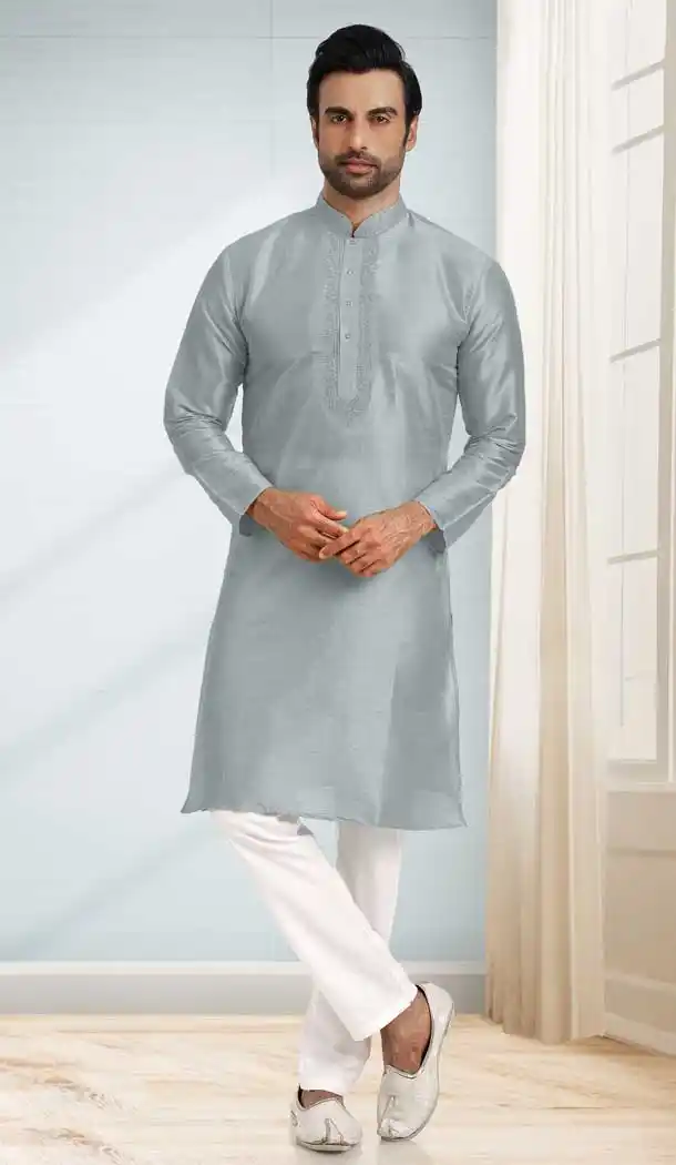 Grey Color Silk Embroidery Work Function Wear Men's Kurta Pajama -5093159817