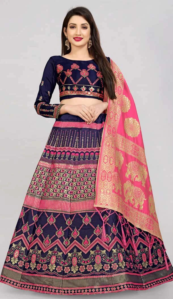 Pink And Blue Color Banarasi Silk Jacquard Work Traditional Wear Lehenga Choli -5017159218