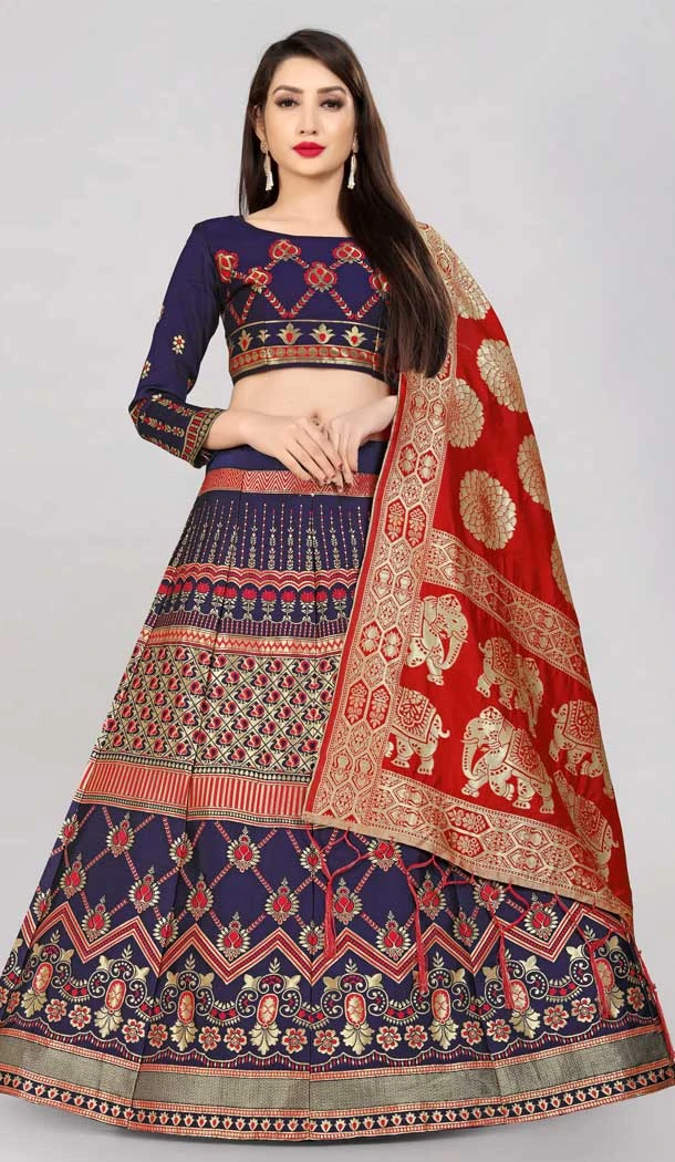 Red And Blue Color Banarasi Silk Jacquard Work Traditional Wear Lehenga Choli -5017159221