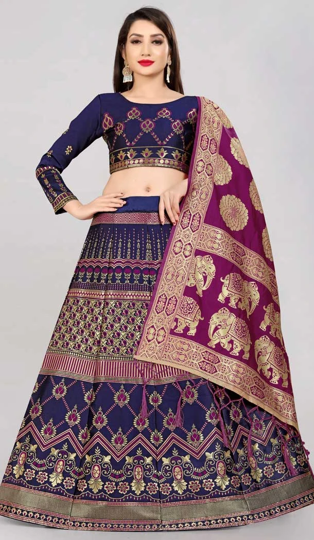 Purple And Blue Color Banarasi Silk Jacquard Work Traditional Wear Lehenga Choli -5017159222