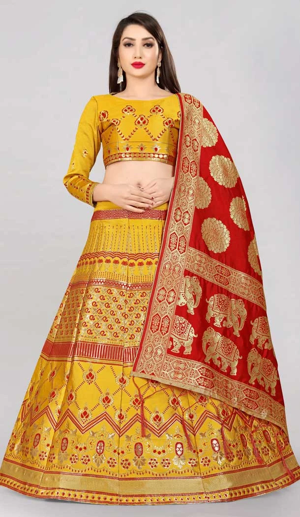 Yellow Color Banarasi Silk Jacquard Work Traditional Wear Lehenga Choli -5017159223